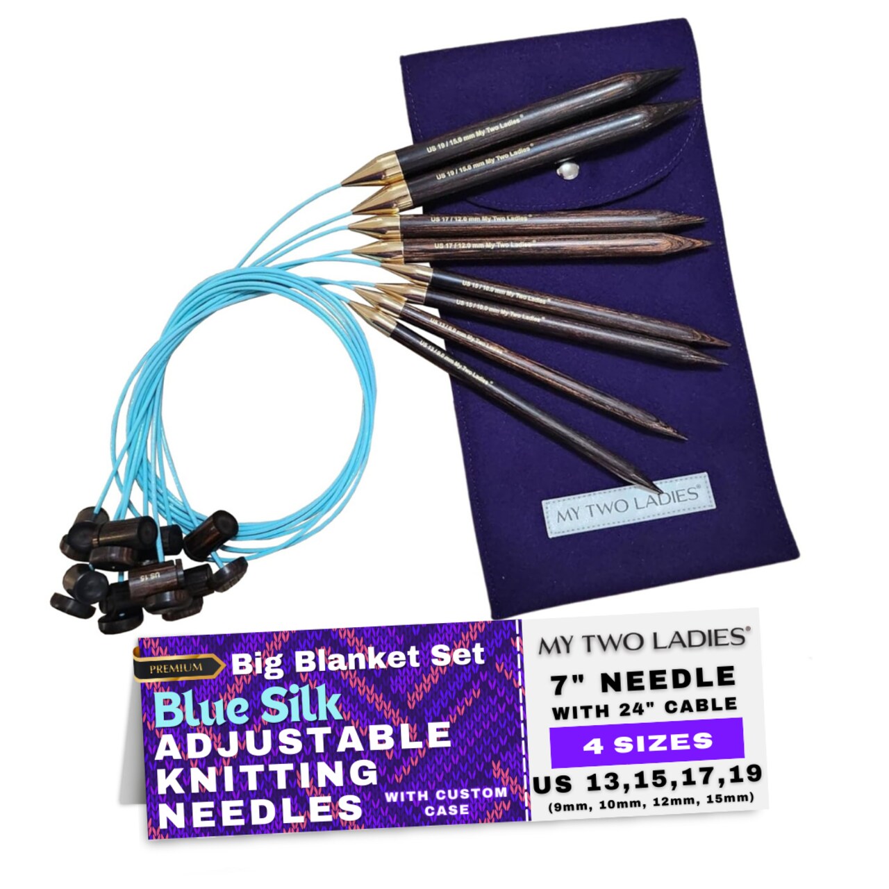 My Two Ladies | Blue Silk | Big Blanket Set | Adjustable Knitting Needles | 4 SIZES | US13, US15, US17, US19 | w/custom case